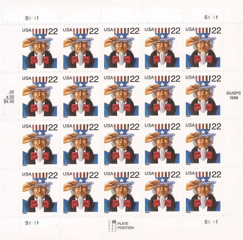 1998 Uncle Sam - Sheet of 20 22-cent stamps - Scott 3259