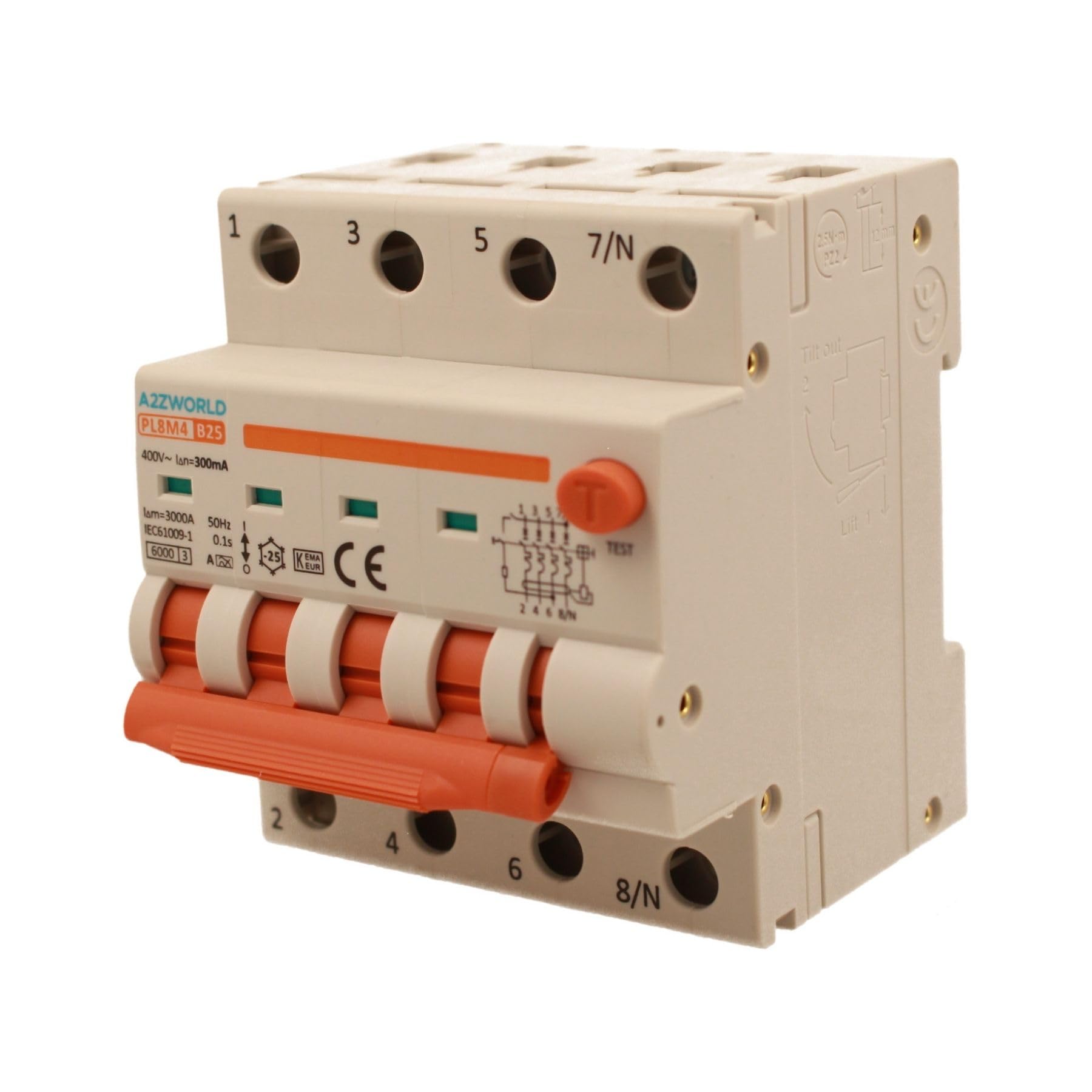 Interruttore Differenziale Magnetotermico Trifase 300mA Tipo A 25A B25, 4P Reali (NO 3P+N), Curva B 6kA 380V, Doppio Leva con Diagnostica Visiva, 4 Moduli DIN, Serie PL8M4