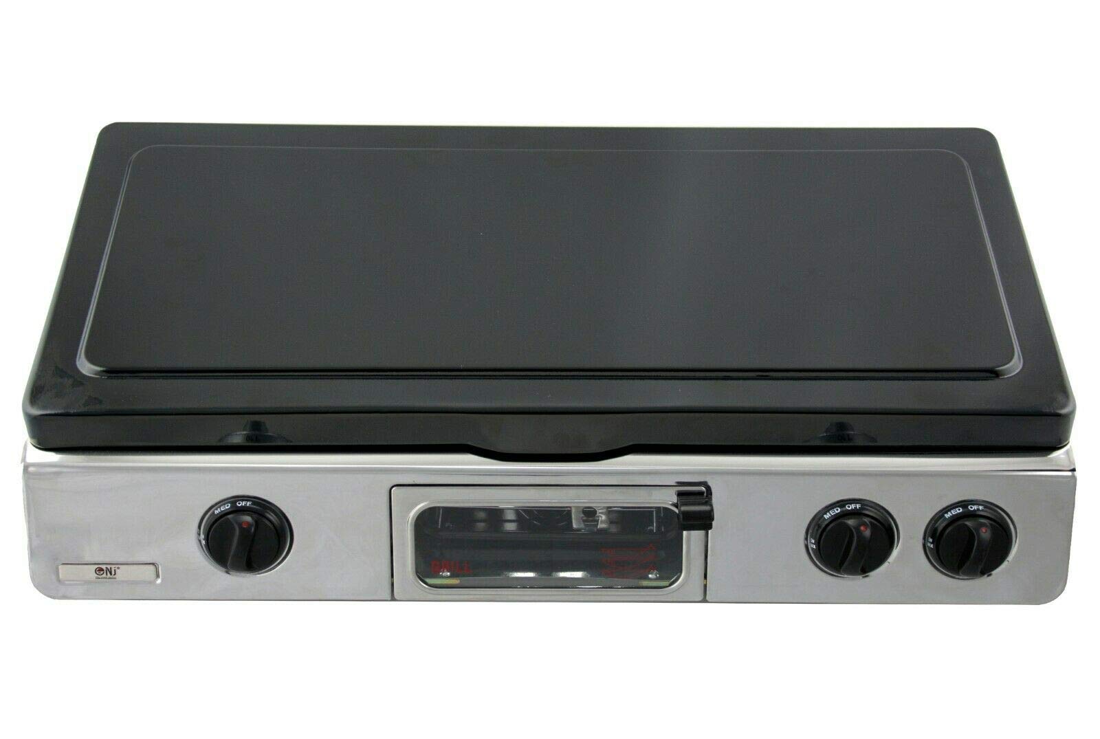 NJ G-78C - Fornello a gas a 2 fuochi, griglia e forno in acciaio inox, copertura per barbecue da esterno, 70 cm