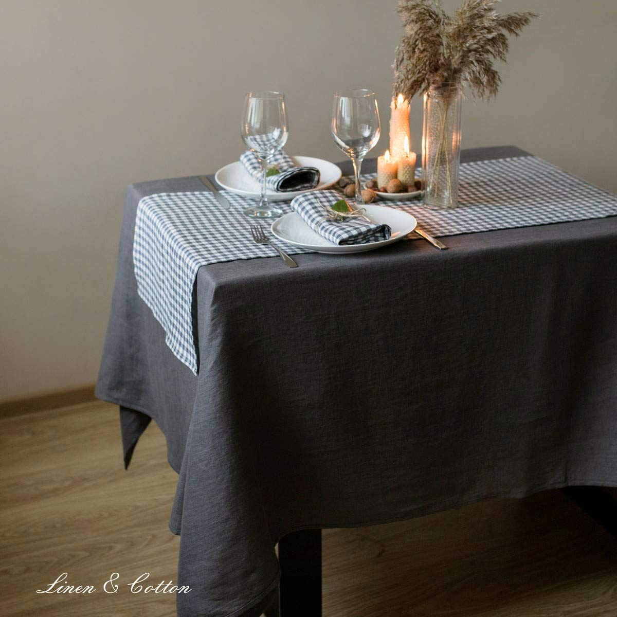 Linen & Cotton 4 Serviettes De Table En Tissu Hygge - 100% Lin, Noir (32 X 32 Cm) Lavable Carré Pour Home Maison Salle à Manger Table Basse En Bois