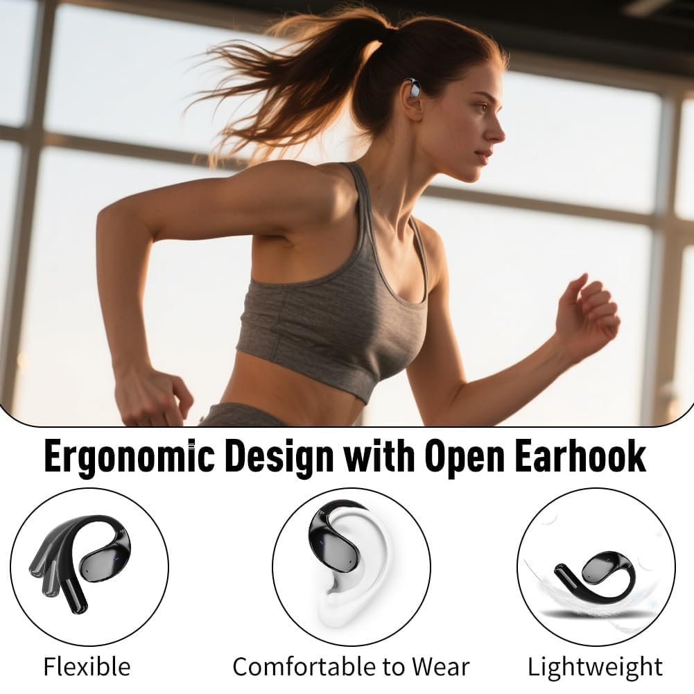 Caijin Auricolari Sportivi Wireless Con Gancio, Bluetooth 5.4, Design Con Gancio Aperto, Bassi Potenti, Riduzione Del Rumore ENC, Impermeabilità IP54, 60 Ore Di Riproduzione (Nero)