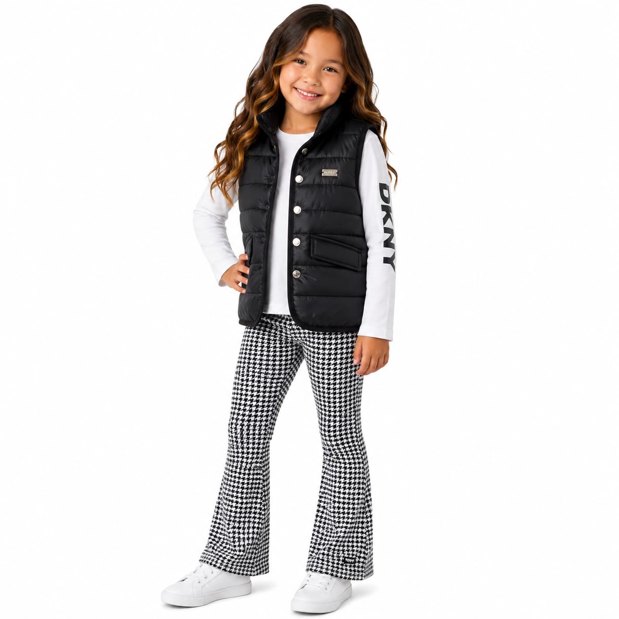 DKNY Mädchen Weste Set - 3-teiliges Set mit Knopfleiste gesteppte Pufferweste Langarmhemd und ausgestellte Leggings Set (Größen 2T-6X)