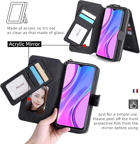 Miniatura 4 de Asuwish Funda de teléfono para Xiaomi Redmi Note 8 Pro Cartera con cremallera Funda desmontable con protector de pantalla y cuero Flip Mirror Card