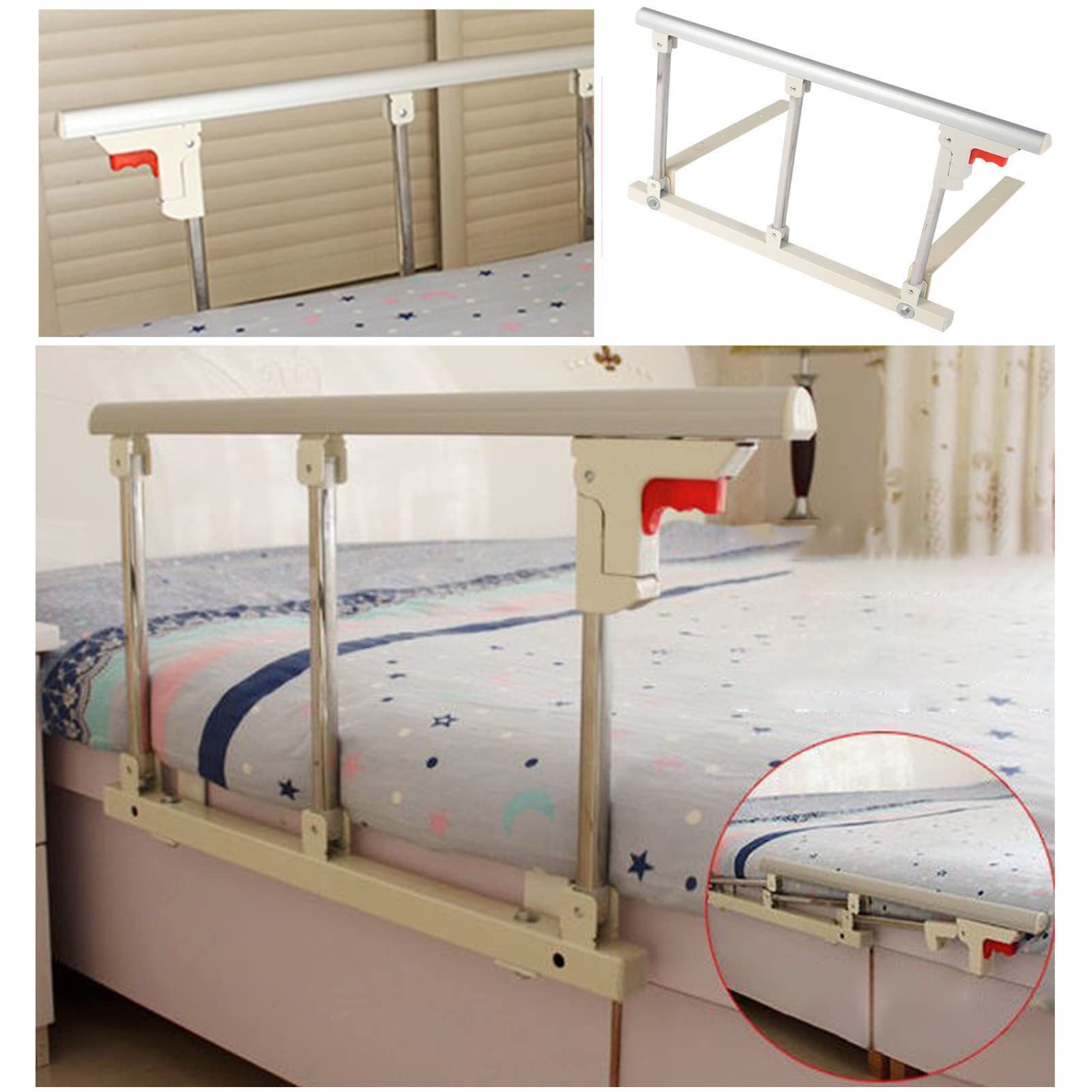 Barandilla de cama plegable de metal con protector lateral de seguridad para adultos mayores, asa, con barra de parachoques de agarre, color plateado y blanco, 70 cm