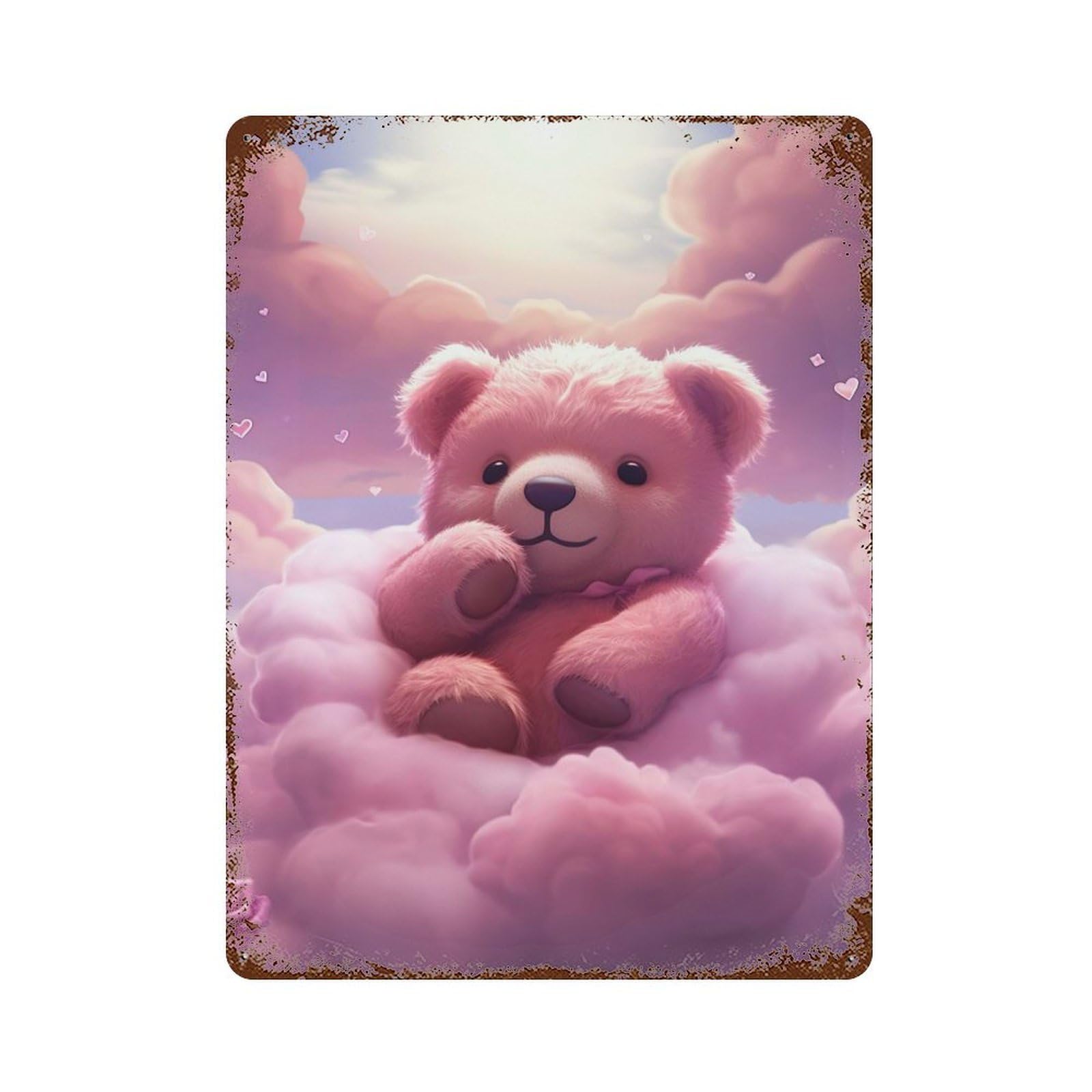 Teddy On Pink Clouds Weathered Tin Sign 15.7"x11.8", Retro Wall Decor for Pub, Kitchen And Man Cave Decor