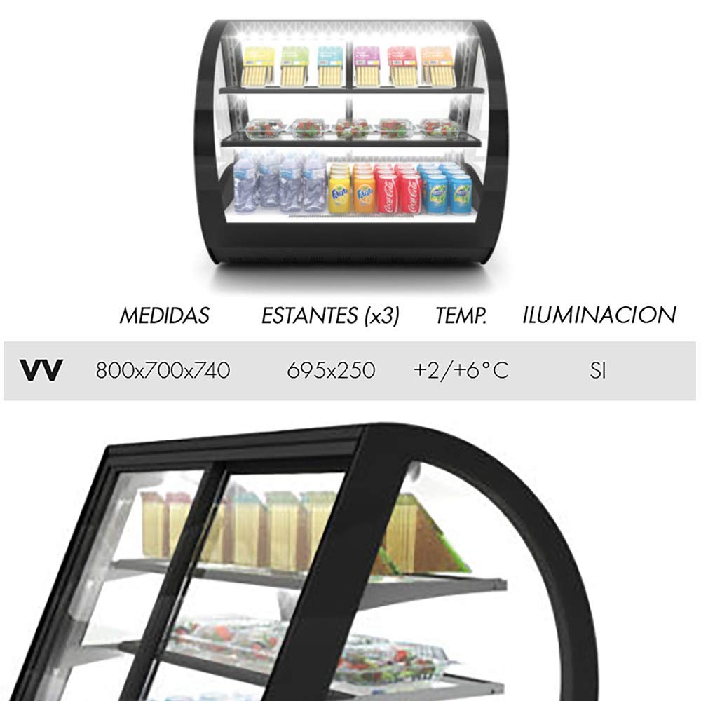 MBH - Vitrina expositora refrigerada VELA para hostelería. Frigorífico expositor profesional con cristal curvo para pasteles, tartas, bebidas y comida.