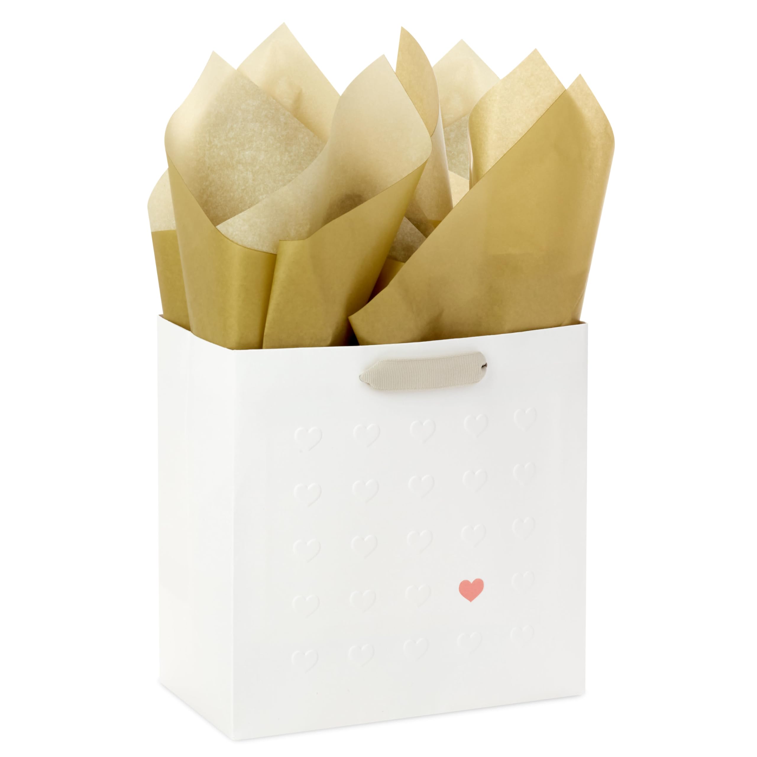 Hallmark Signature Studio 7" Medium Gift Bag with Tissue Paper (Embossed Hearts, White, Pink, Gold) for Valentine's Day, Birthdays, Mother's Day, Baby Showers, Bridal Showers