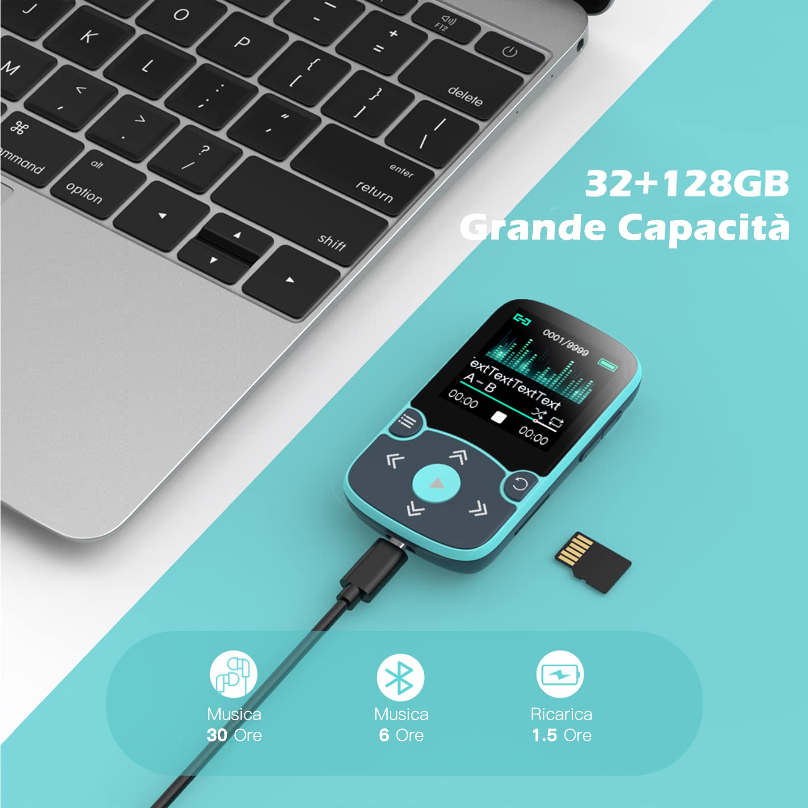 AGPTEK Lettore MP3 Running 32 GB, Lettore MP3 con Clip Bluetooth 5,3, MP3 Player Sport Mini Portatile, Contapassi Integrata, Radio FM, Registrazione, Lettura E-book, Slot TF Fino a 128 GB (Blu)