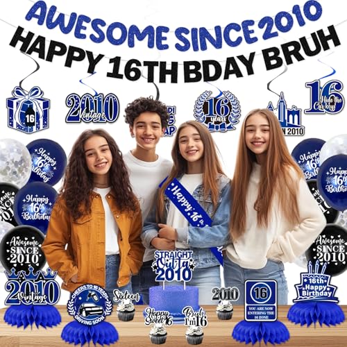 Image of 16th Birthday Decorations Boys Girls, Blue Happy 16th Birthday Party Decorations, Pre-Strung Awesome Since 2010 & Happy 16th Bday Bruh Banner, Balloon, Hanging Swirl, Cake Topper, Bday Sash Honeycomb