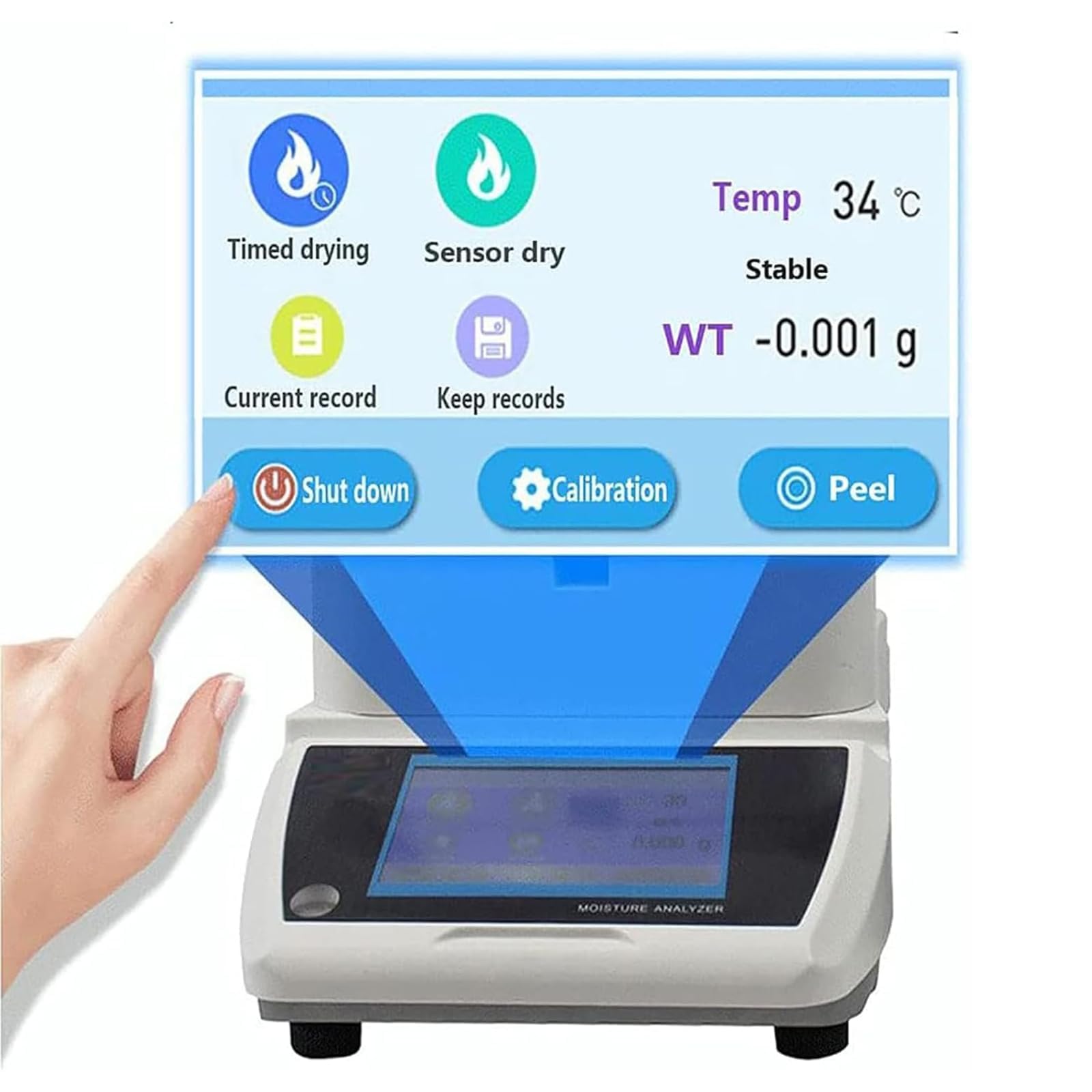 Medidor de Humedad Halógeno, Analizador de Humedad de Calefacción con Pantalla Táctil de 5 Pulgadas, Capacidad de 120 G y Precisión 0,001-0,005 G, Analizador de Equilibrio de Humedad de L 120g/0.001g
