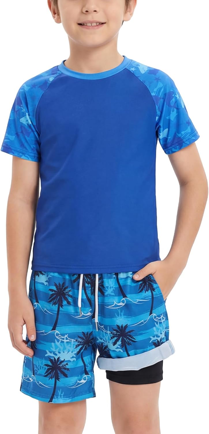 Hotfiary Boys Rash Guard Swimsuit Two Piece Kids Short Sleeve Swim Shirt & Trunks with Compression Liner UPF 50+ Bathing Suit