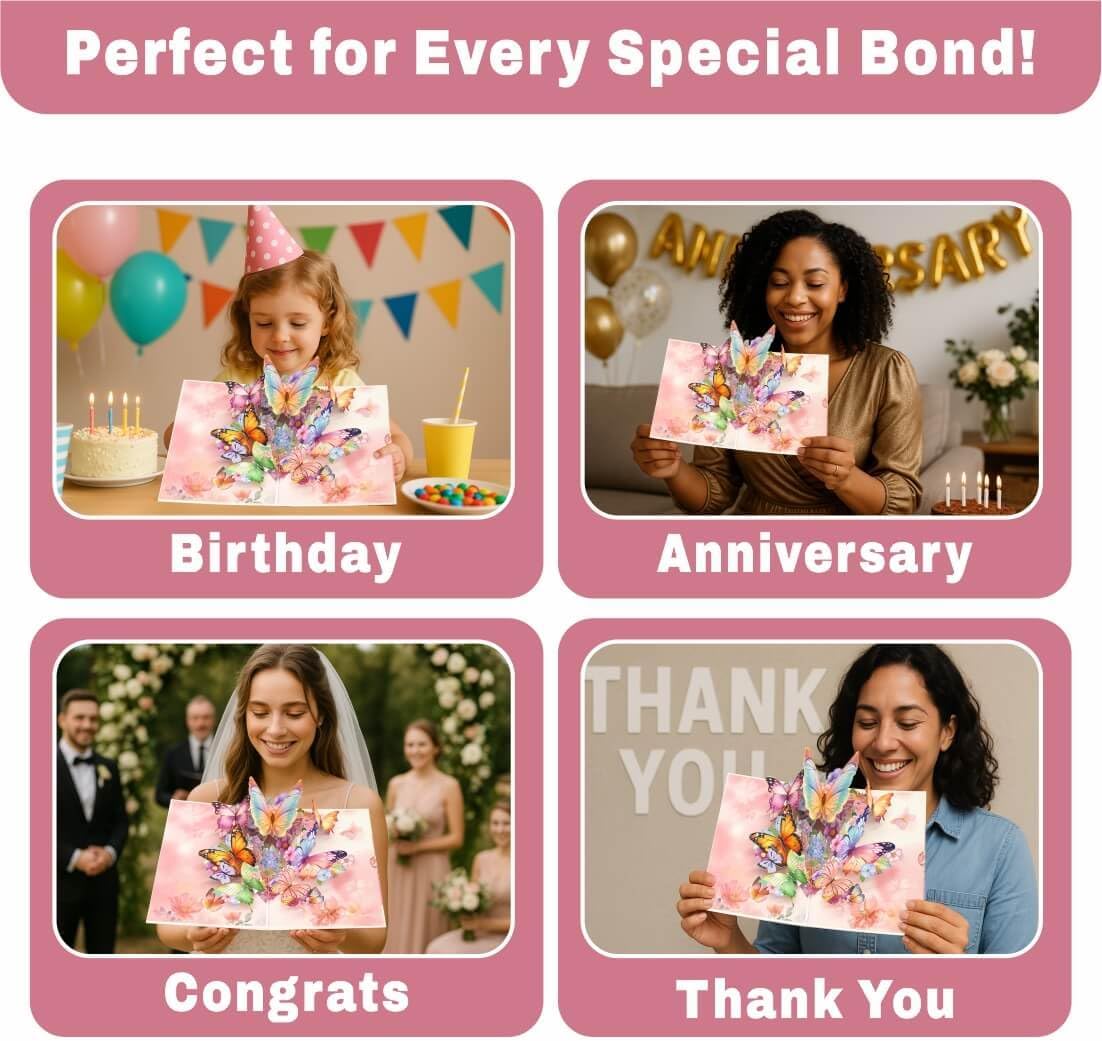 Handmade 3D Pop Up Butterfly Birthday Card for Women & Girls, All-Occasion Greeting Card with Floral Design for Anniversary, Thank You, Get Well, Mother's Day | Includes Envelope & Stickers - Image 4