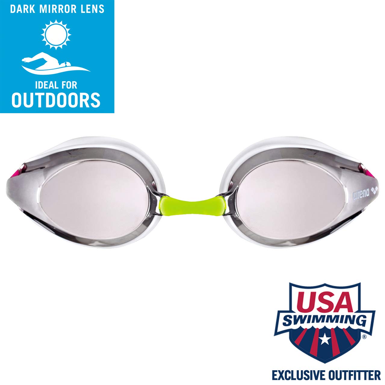 arena Tracks Junior Mirror Anti-Fog Wettkampf Schwimmbrille für Kinder, Schwimmbrille mit UV-Schutz, 4 Austauschbaren Nasenstegen, Silikon Dichtungen
