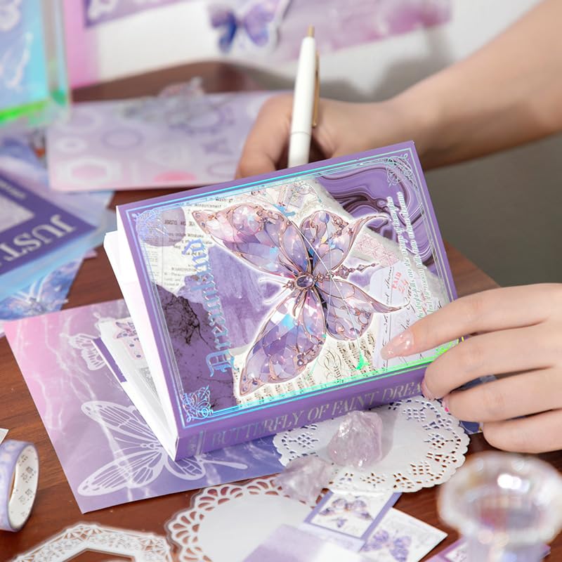 Image of WEMOL Vintage Journal Scrapbook Pack Kit for Art Journaling Bullet, Planners DIY Paper Stickers, Craft Kits Notebook, Collage Album Aesthetic Sticker (Purple Butterfly)