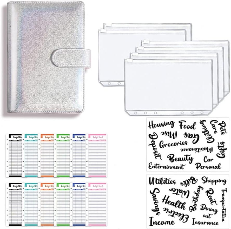 A6 Glitter PU Leather Binder Budget Envelope Planner Organizer System with Clear Zipper Pockets Expense Sheets (Color : 4, Size : 13 * 19 * 4cm) (5 13 * 19 * 4cm) image 4