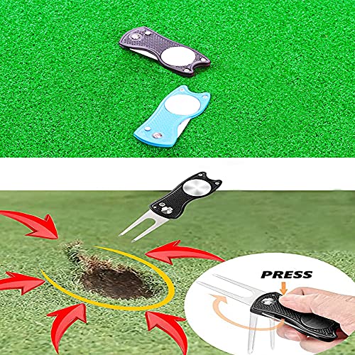 Haihaz2-Piezas-Golf-Divot-ToolTenedor-de-Campo-de-GolfPitch-Fork-Golf-arreglapiques-Golf-Herramienta-de-reparacion-de-Divot-de-Golfcon-Boton-Emergente-y-Marcador-de-Bola-MagneticaAzul-y-negro