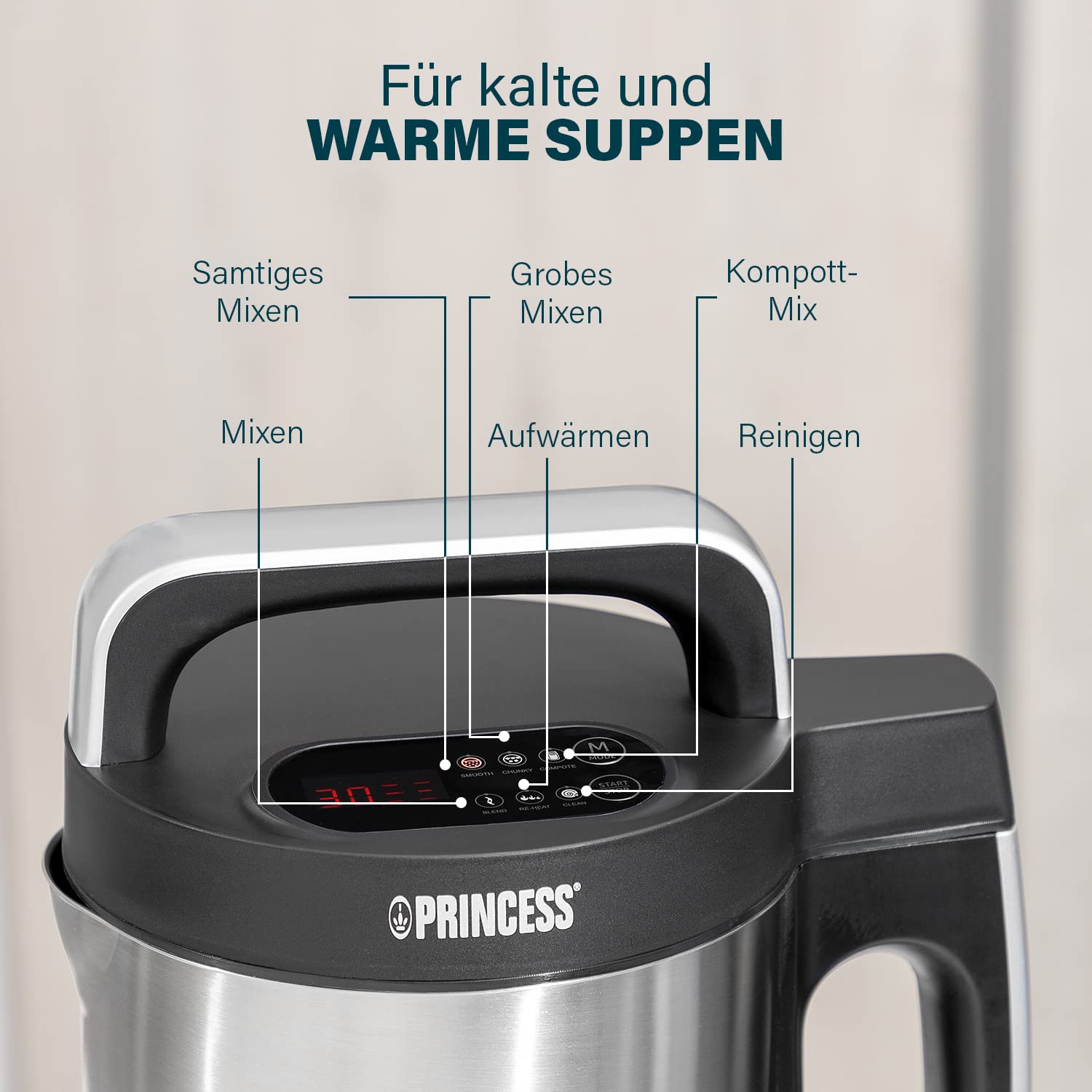 Princess 214002 Soup Maker Family XL 2L Edelstahlgehäuse 6 Programme