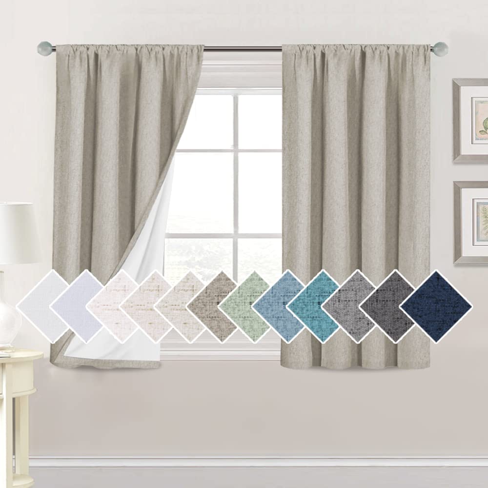 H.VERSAILTEX Linen Look 100% Blackout Curtains 45 Inches Long for Bedroom Full Light Blocking Rod Pocket 42 Inches Wide Linen Textured Thick Window Curtain Drapes with White Backing, Stone, 2 Panels
