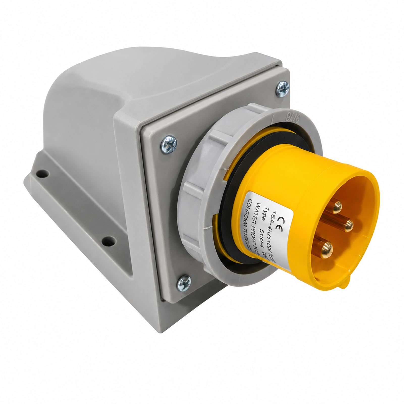 Elecbee IEC 60309 16A Industrial Socket 110–130V 3 Pin 50/60Hz 2P+E, IP67 Waterproof CEE Surface Mount Power Outlet with Box, Yellow Industrial Plug Receptacle 4h for Outdoor & Site Use