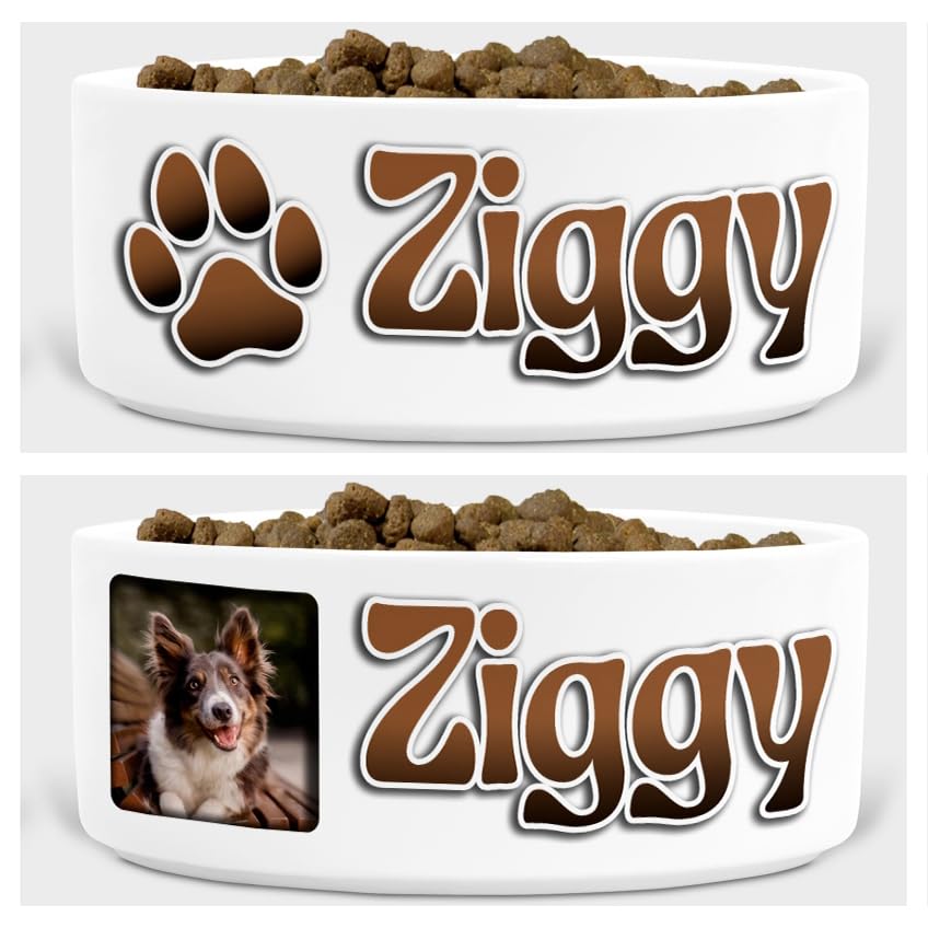Personalised Dog Bowl – Custom Pet Name, Photo & Colour Options – Ceramic Food/Water Dish – 3D Style – Multiple Fonts & Layouts