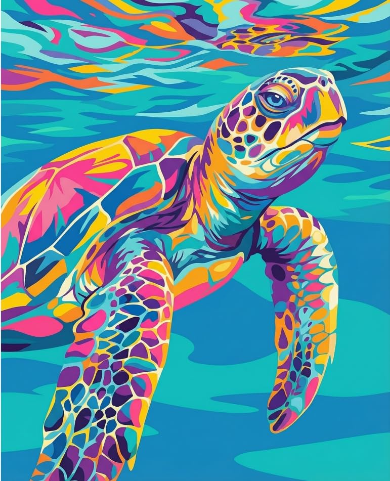 Runovate Sea Turtle Paint by Numbers for Adults, DIY Acrylic Painting Kit on Canvas 12x16 Inch, Colourful Animal Paint by Numbers Set with Brushes, Hanging Kit and Reference Guide, Adult Paint by Numb