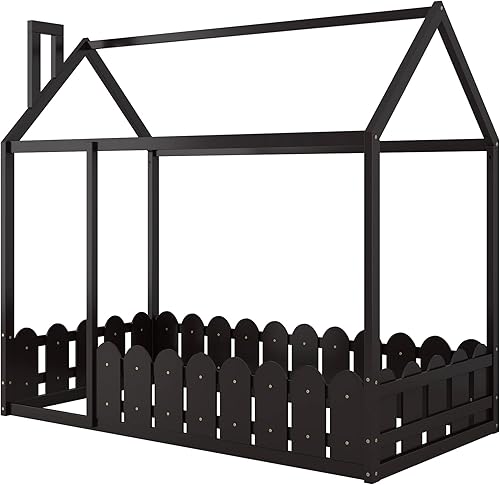 Miniatura 5 de Cama de casa de tamaño individual con valla y techo para niños, adolescentes, niñas, niños, cama de piso de madera, camas Montessori, marco de cama