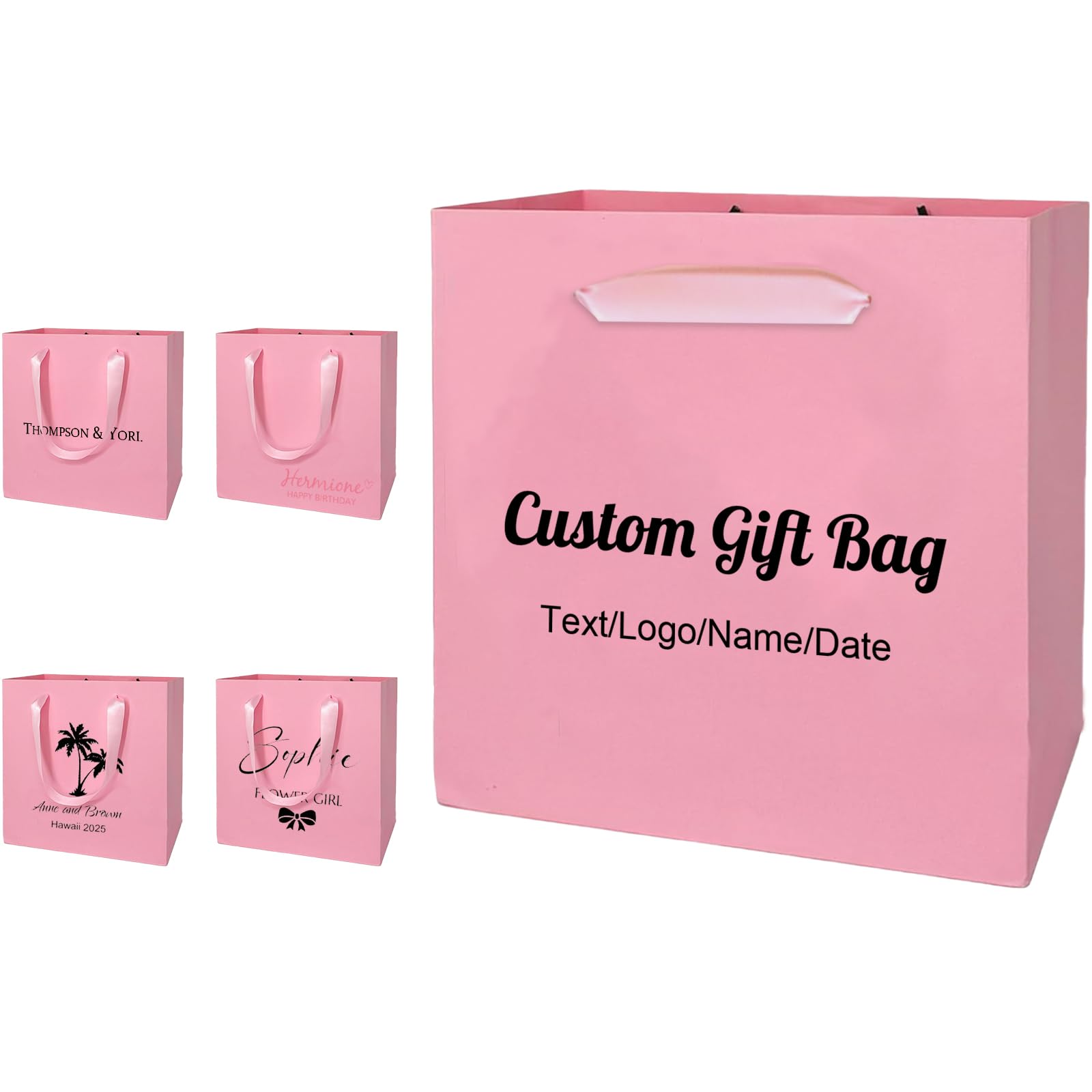1-100 Pack Personalised Mini Gift Bags with Ribbon Handles - Custom Printed Name/Text/Logo - 14x14x3.5cm- Small Party Favor Bags for Wedding, Birthday, Corporate Event, Baby Showers (Pink)