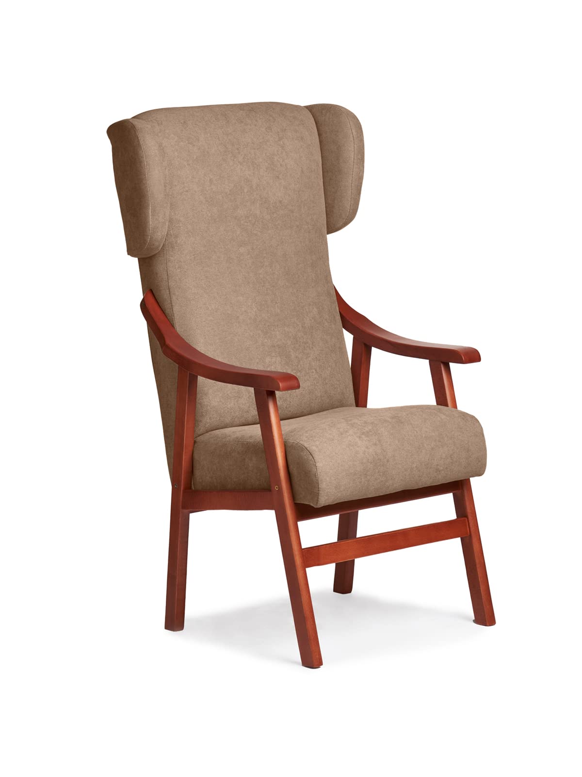 Silla Ergonómica con Brazos y Orejas Apoyacabeza en Madera de Cerezo. Tapizado Antimanchas para Personas Mayores o Geriátrico (115 x 71 x 57 cm) [Tostado]
