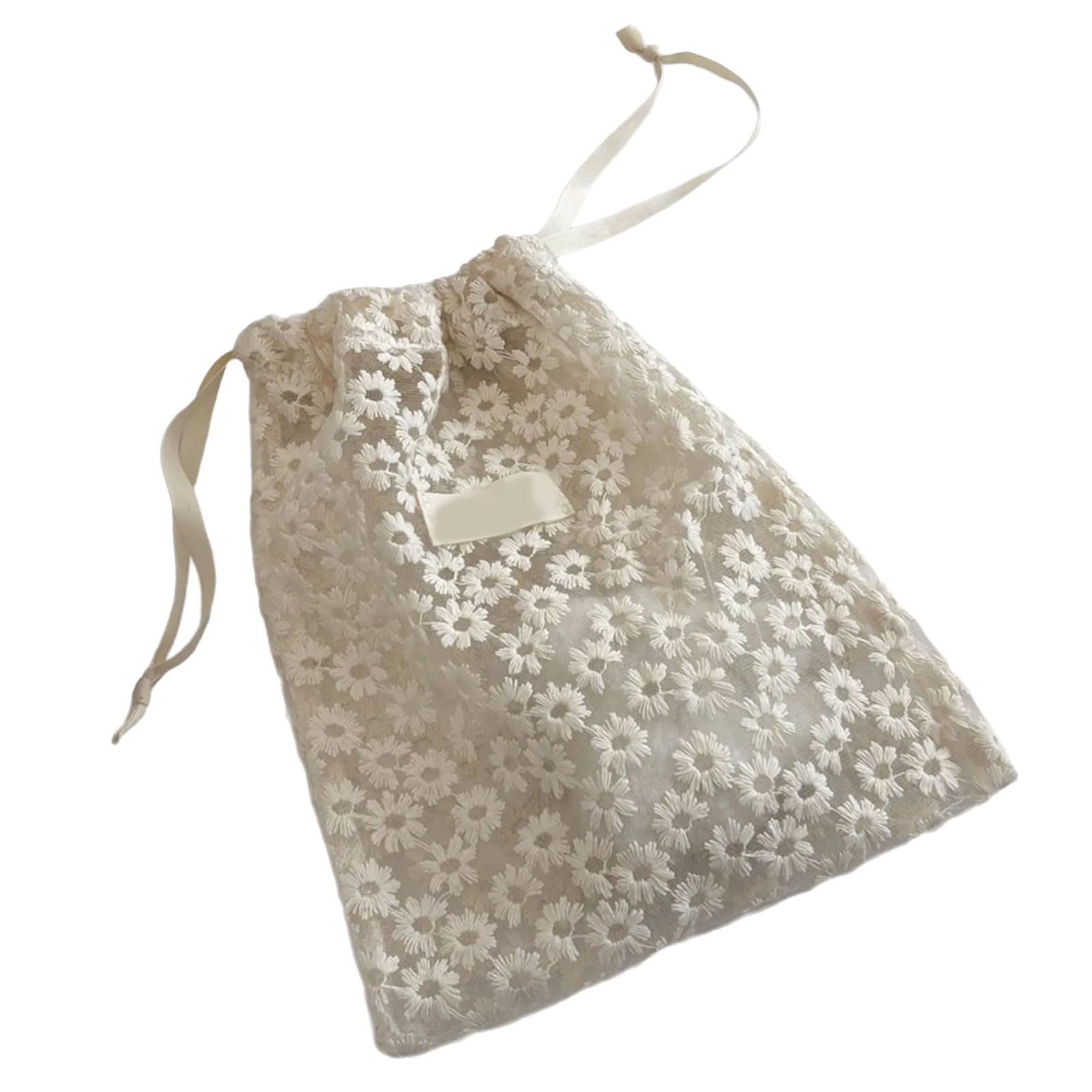 Tsophreniq Meshes Storage Bag with Lace Embroidery and Daisies Design for Travel Organizers Portable Drawstring Cosmetic Pouches Daisies Embroidery Storage Pouches