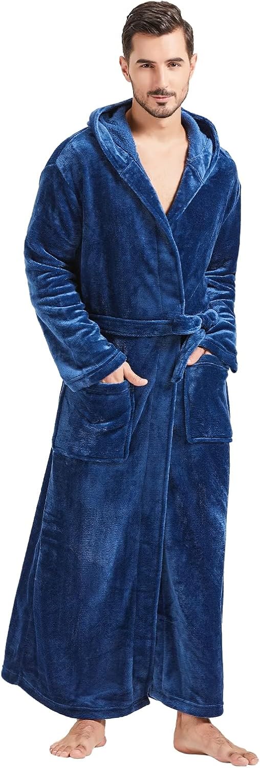 FashGudim Mens Robes Big and Tall with Hood Two-Tone Flannel Fleece Contrast Bathrobe Full Length Plush Long Robe House Coat
