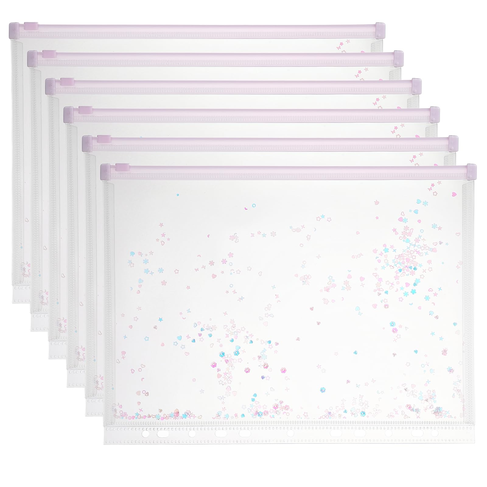 PATIKIL 6Pcs A4 Plastic Binder Zipper, Binder Pockets 12 x 9 Clear Envelope Folders Planner Waterproof Pouch Filing with Sequin Decor for Document Notebook Card Organizer, Light Purple