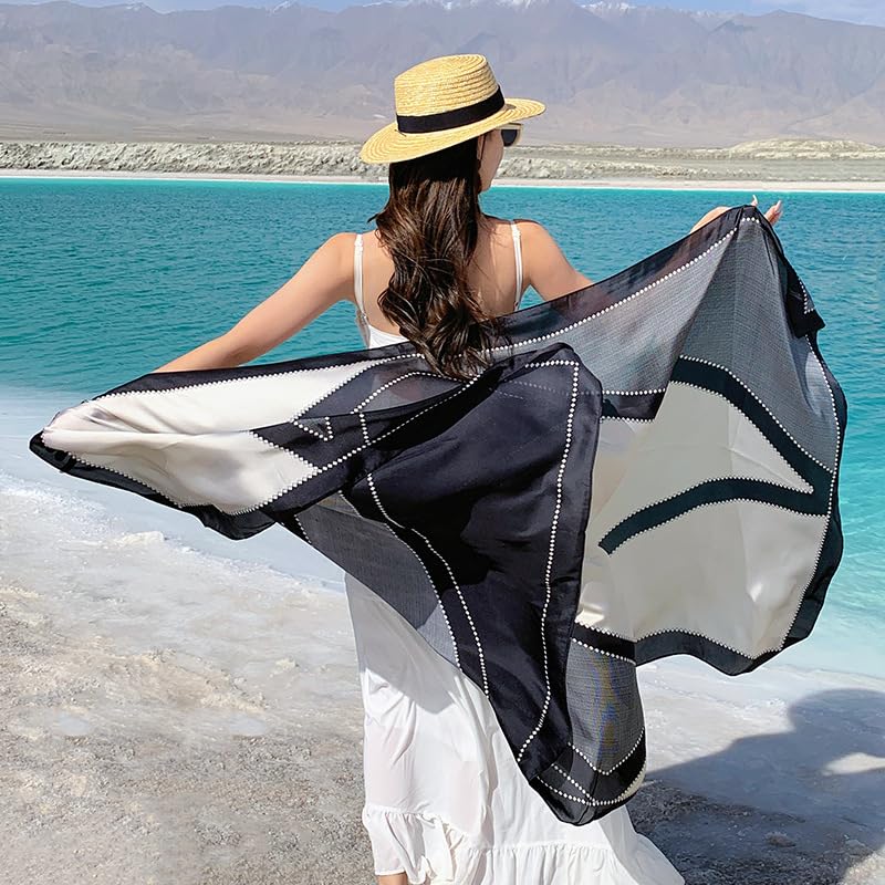 Image of Alexvyan Satin Silk Summer Scarves 170 x 84 cm, Black & Grey Colour with Stitched Border, Lightweight Fashion Scarf for Women Sun Protection Stole