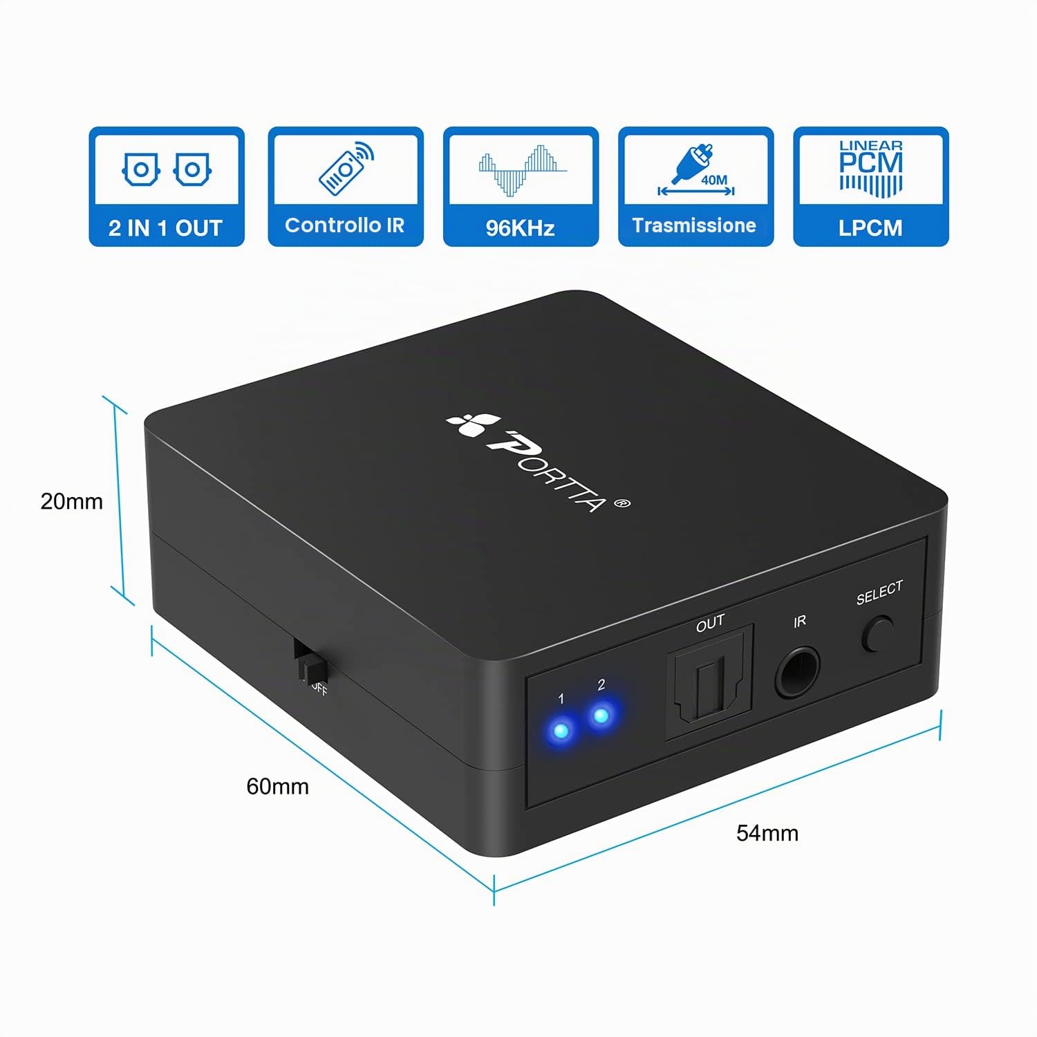 Portta Audio Switch SPDIF Toslink 2 Port 2 Ingressi 1 uscita Digital Optical Commutatore switcher con telecomando IR per PS3 DVD Player Amplificatore
