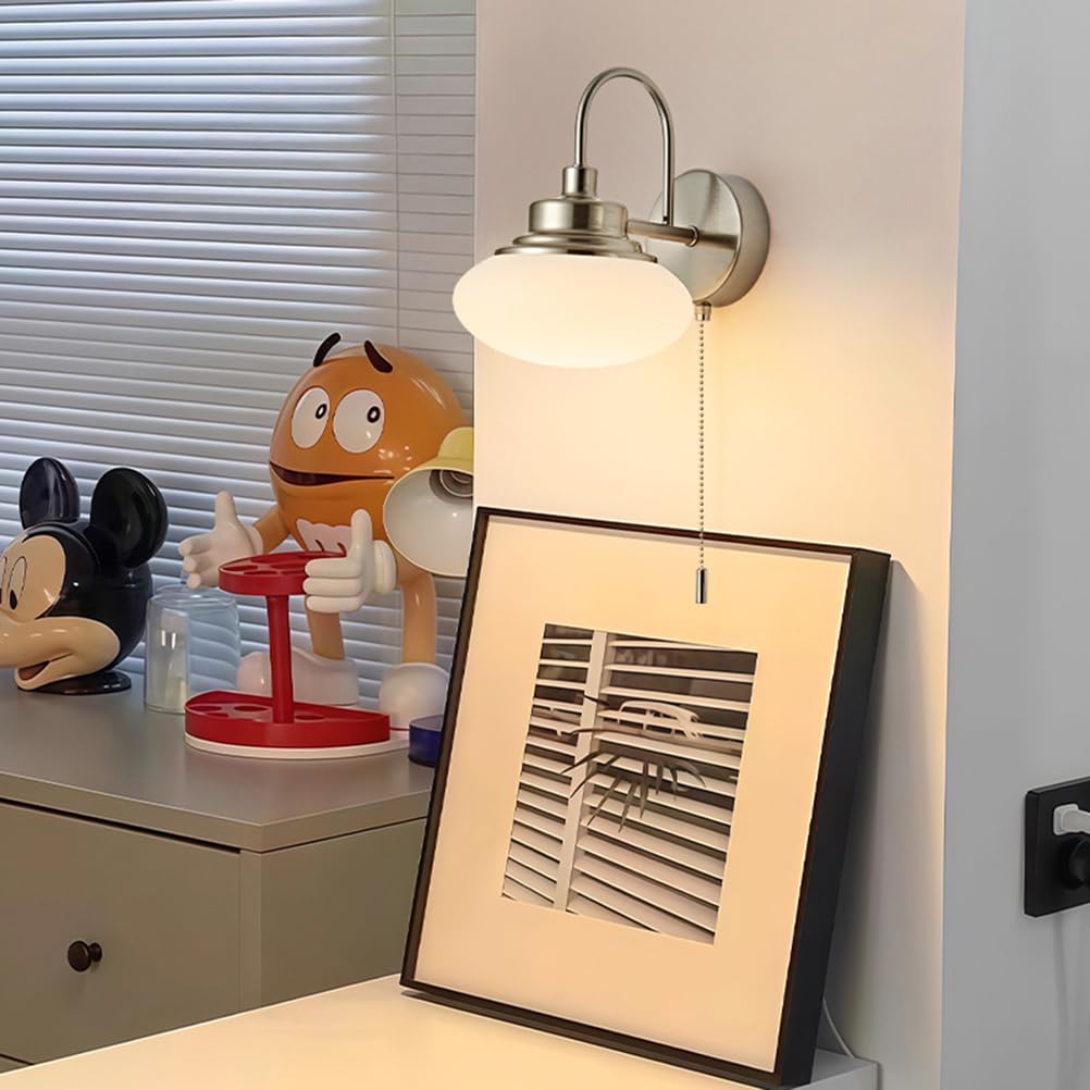 Lampa ścienna LED do wnętrz, srebrno-chromowana, 8 W, styl vintage, lampa ścienna industrialna z przełącznikiem sznurkowym, 3000 K/4500 K/6000 K, lampa LED w stylu retro z białym kloszem