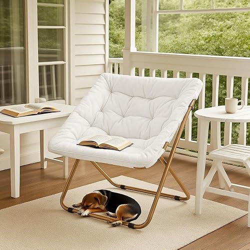 Miniatura 27 de Magshion Silla platillo plegable con otomana para adultos, cómodo asiento de lectura, asiento de piel sintética con marco de metal acolchado grueso