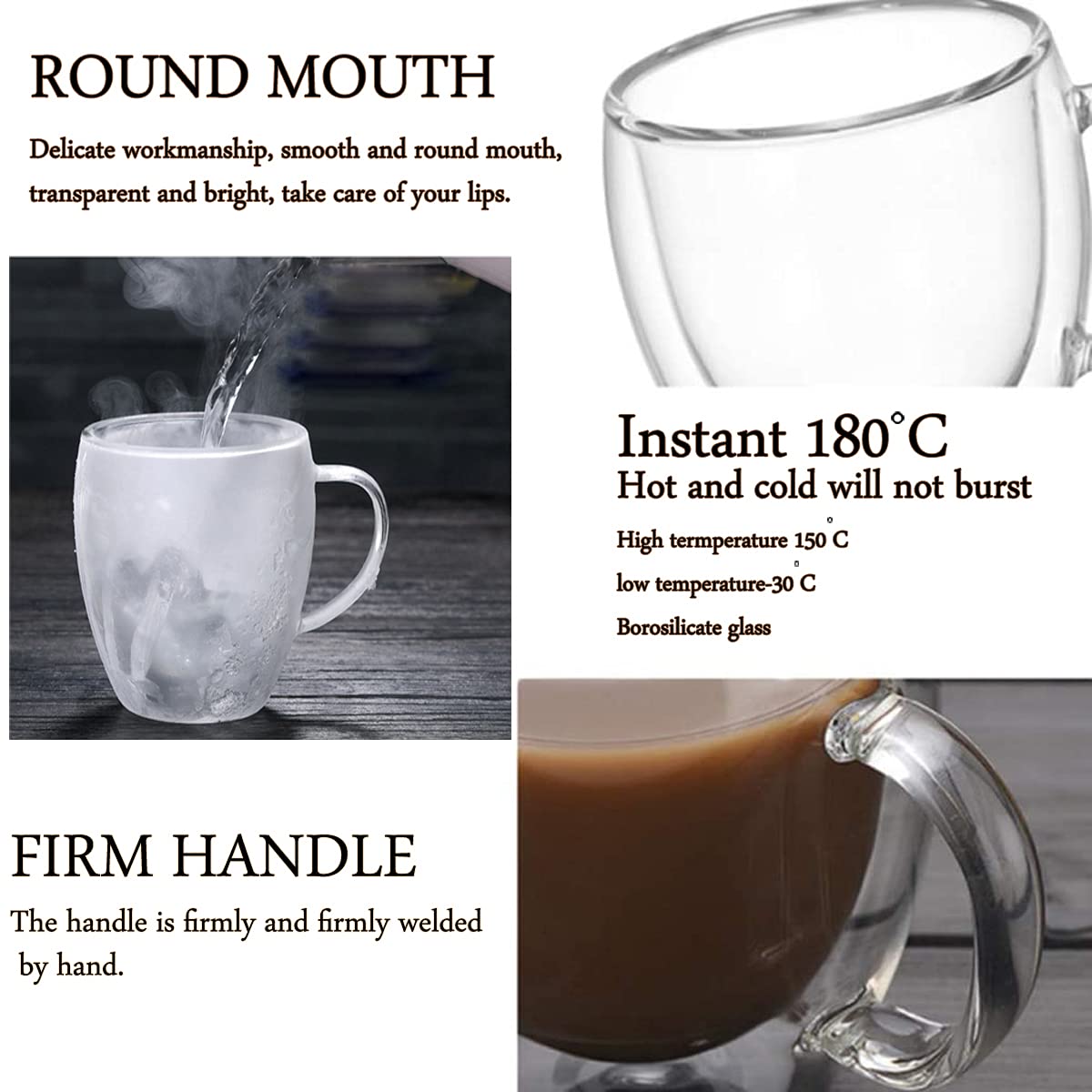 Set 4 Tazze Vetro Doppia Parete LEEPPYTON - Tazze Caffè Isolate Con Manico | 350ml Lavabili Lavastoviglie - Foto 10