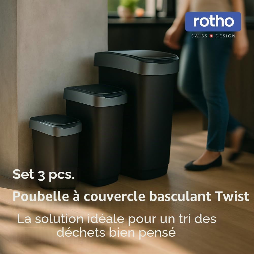Rotho Twist Poubelle Cuisine 50 Litres Poubelle Salle de Bain Noir/Argenté