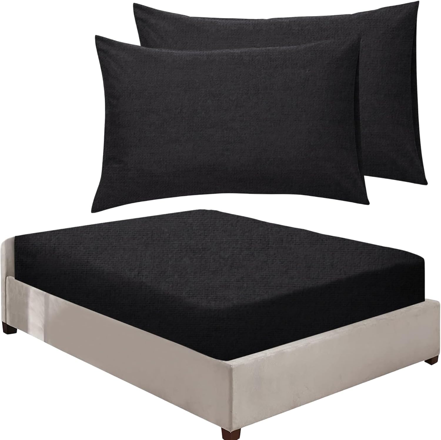 100% Brushed Cotton Soft Flannelette 25CM/10" Fitted Sheets in 12 Colours (Black, F S 25 + Pillowcase pair)