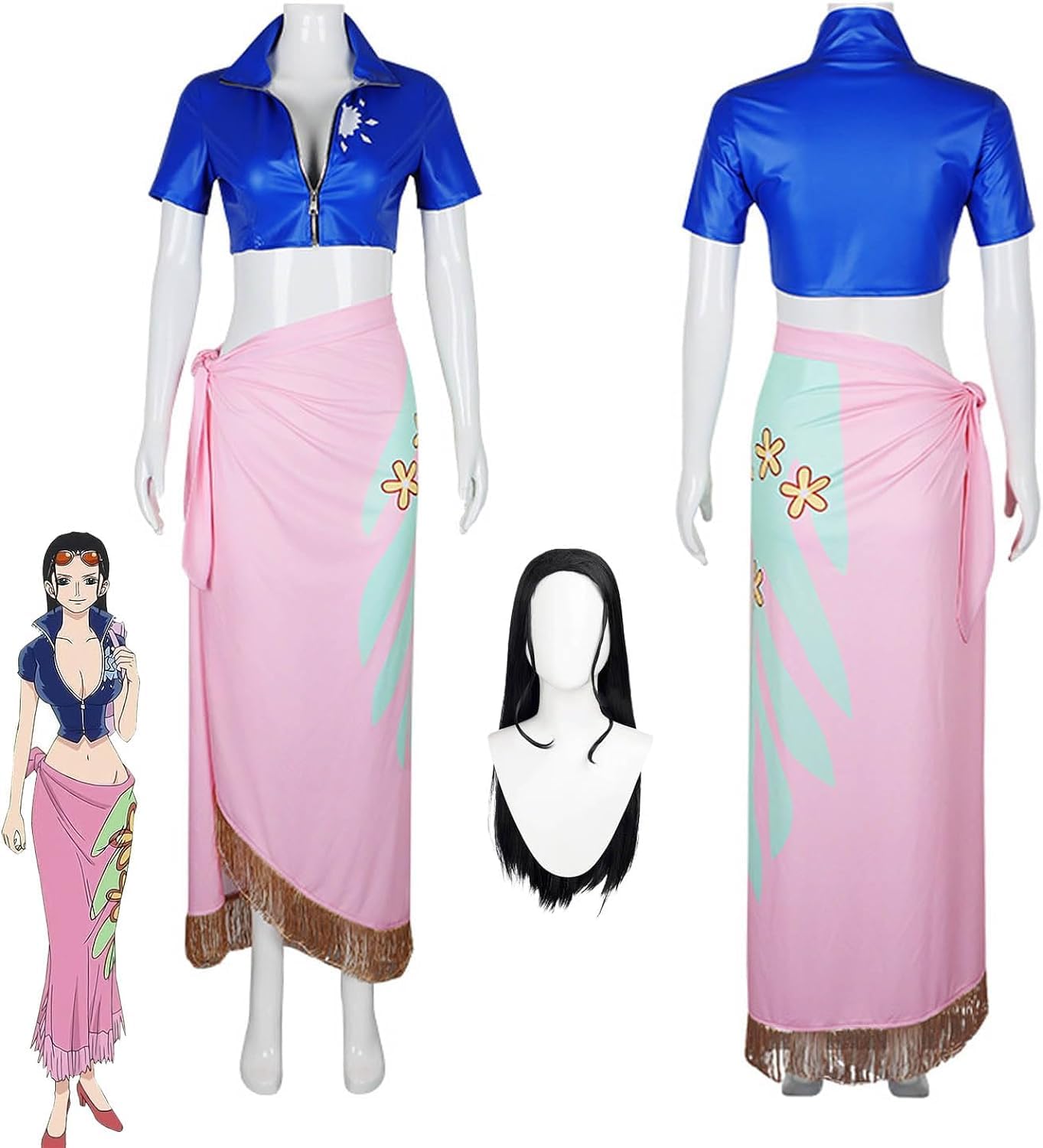 XLJLKJDS Anime Nico Robin Cosplay Costume Outfit Yamato Sexy Blue Uniform Dresses Complete Set Halloween Party Carnival Dress Up Suit with Wig
