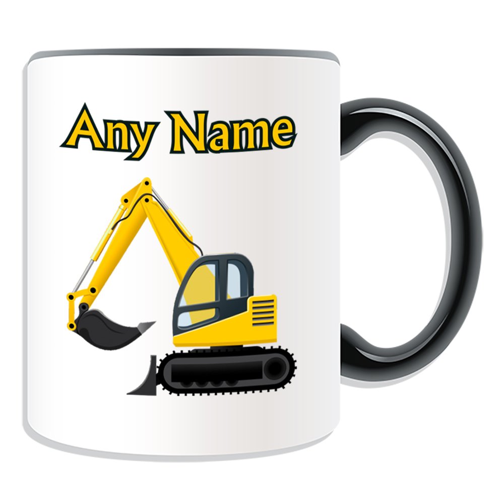 Unigift Black Personalised Gift - Excavator Mug (Transport Design Theme, Colour Options) - Any Name / Message On Your Unique - Driver Tracked Digger Heavy Vehicle Automobile Truck Construction Road Worker Jcb Cat Mechanical Shovel Hgv