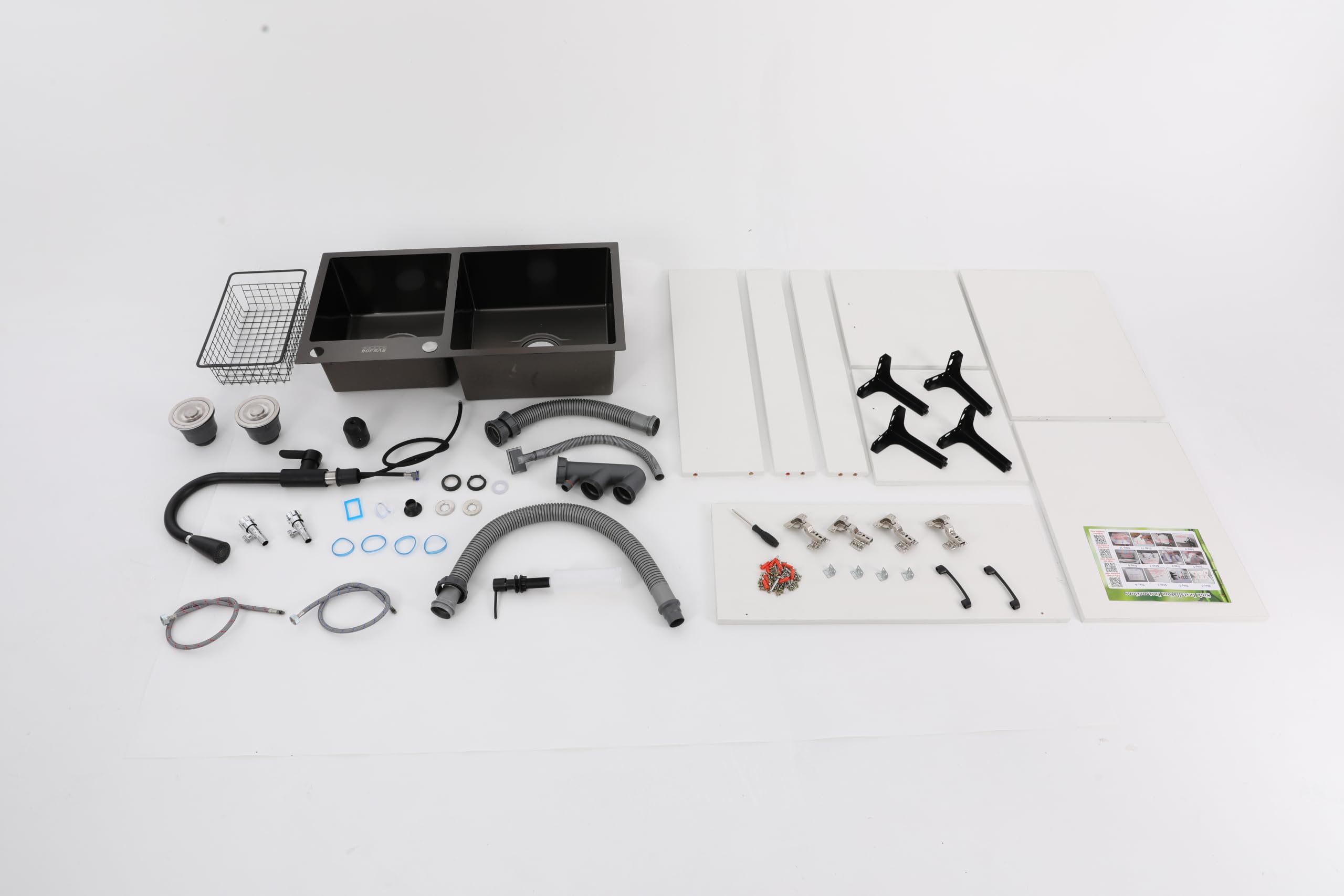 Lavello da cucina autoportante con mobiletto e rubinetto, lavello in acciaio inox con 2 vasche, scolapiatti e unità di scarico, per cucina, giardino, officina, lavanderia, campeggio (bianco)