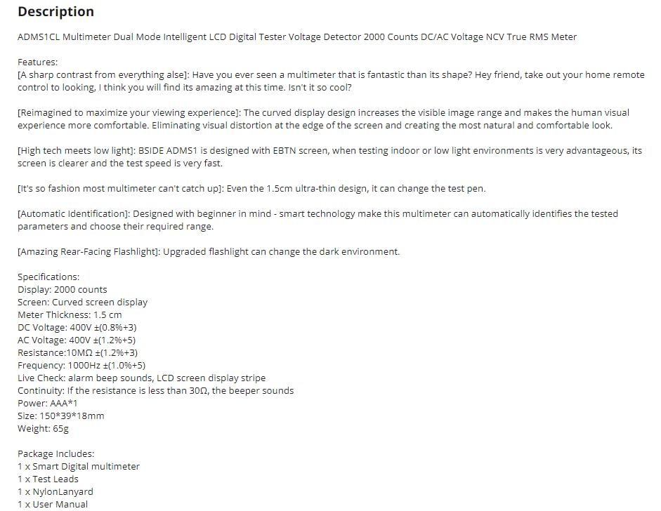 ADMS1CL Multimeter Dual Mode Intelligent LCDDigital Tester 2000 Counts VoltageNCV TrueRMS Meter