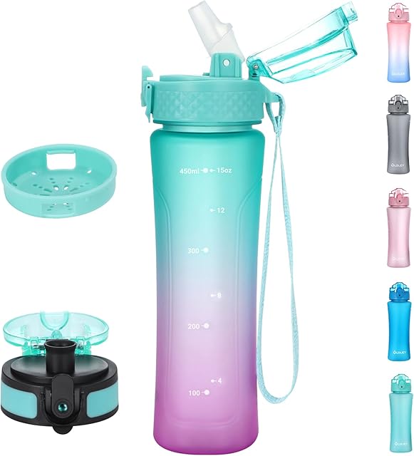 OLDLEY 450ml/15oz Water Bottles with Straw Leakproof Kids Water Bottles for School Plastic Drink Bottles Reusable Hydrate Sports Bottles BPA Free Filter Time Markings Gym Bottles for Women Men
