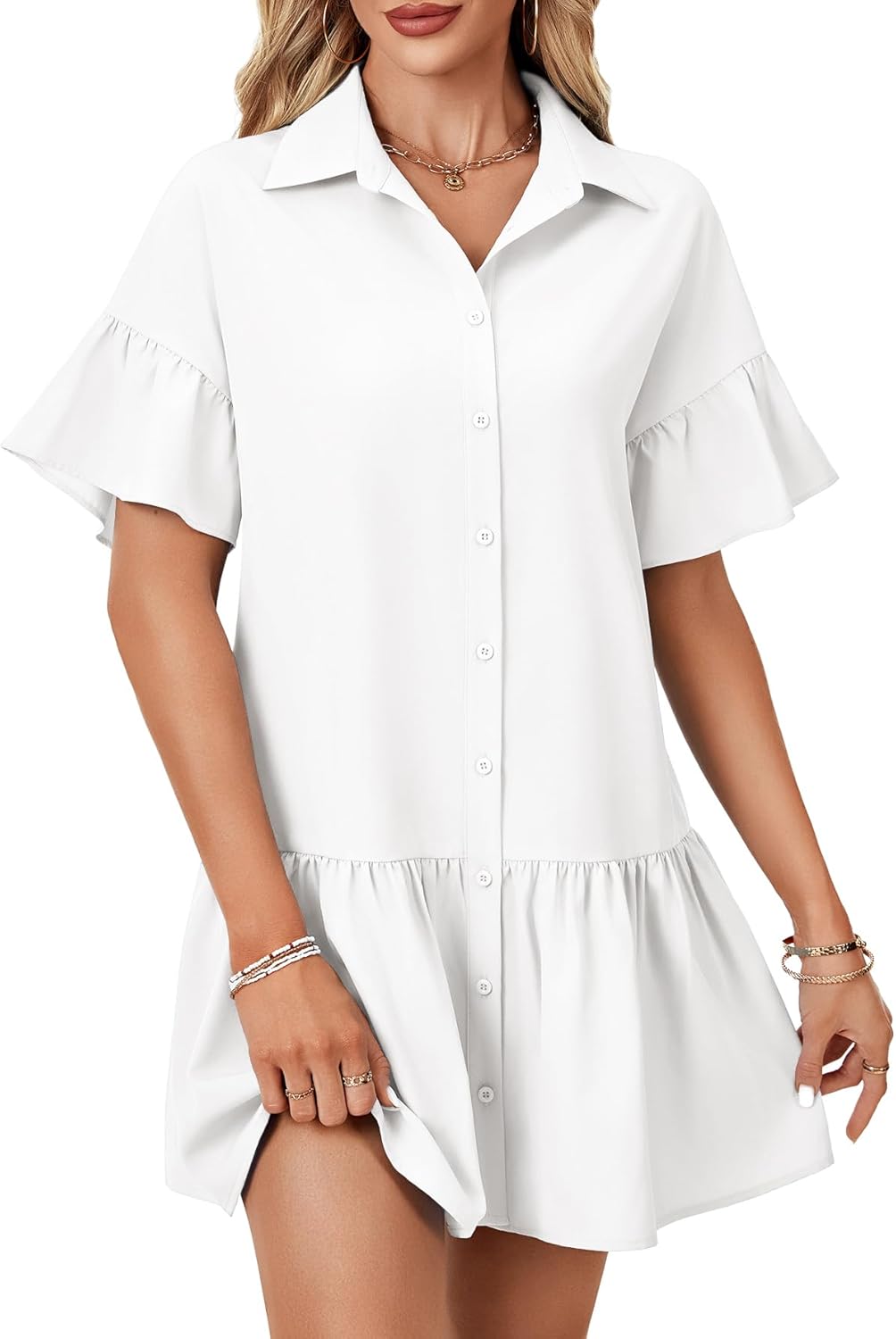 Rooscier Women's Collared Neck Ruffle Sleeve A Line Button Down Shirt Mini Dress - Image 2