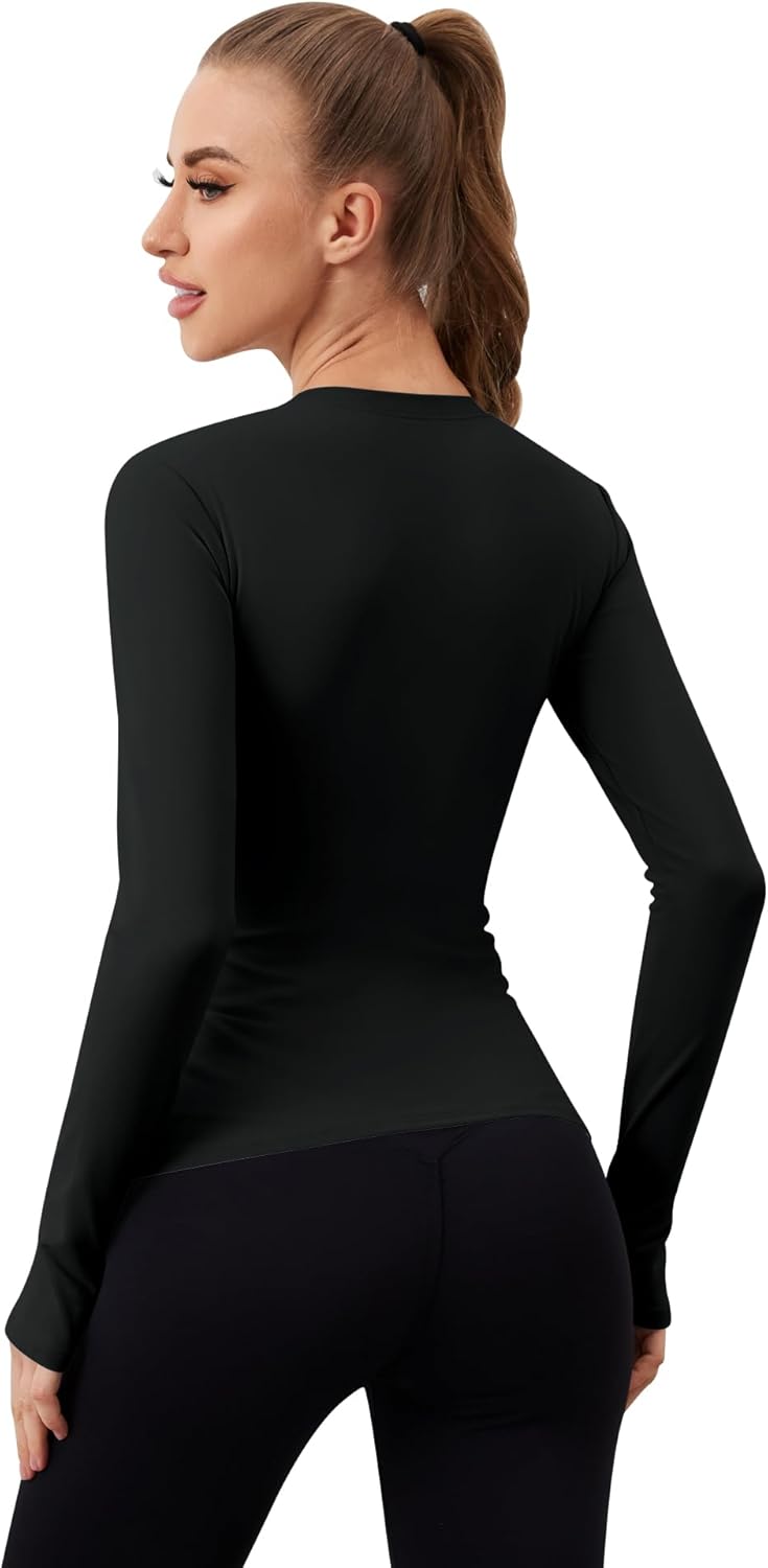 Loovoo Womens Thermal Fleece Lined Workout Shirts Athletic Compression Tee Long Sleeve Yoga Gym Basic Tops - Image 2