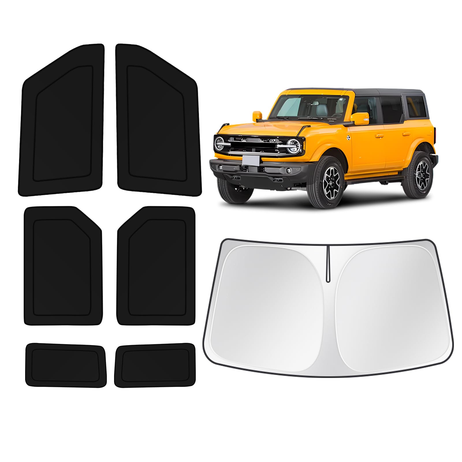 Photo 1 of KUST Car Window Shades for Ford Bronco 2021-2025 2026 Windshield Sun Shade Side Window Cover UV Block Privacy Protection Accessories for Camping Blackout Rear Back Full Set 7PCS