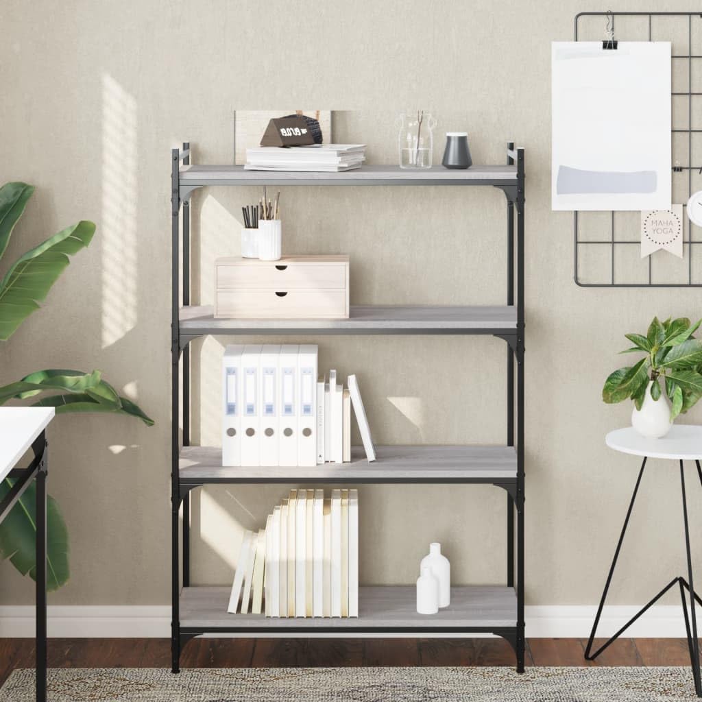 Homgoday Regał na książki, 4 półki, stojący, biurowy, magazynowy, do przechowywania, regulowane nogi, do salonu, gabinetu, biura, szary, Sonoma, 80 x 30 x 120 cm, materiał drewnopochodny
