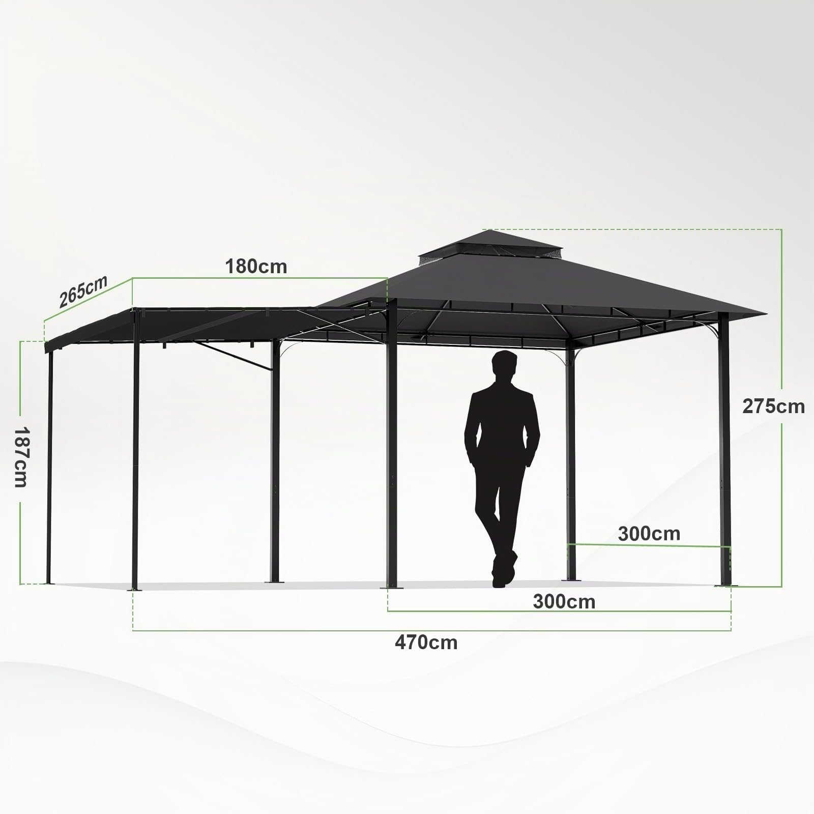TRIUMPHKEY Gazebo 3 x 3 m, espandibile fino a 3 x 4,8 m, gazebo da giardino con doppio tetto e 3 parti laterali, tenda da sole regolabile protezione solare pergolati da giardino tenda da giardino per