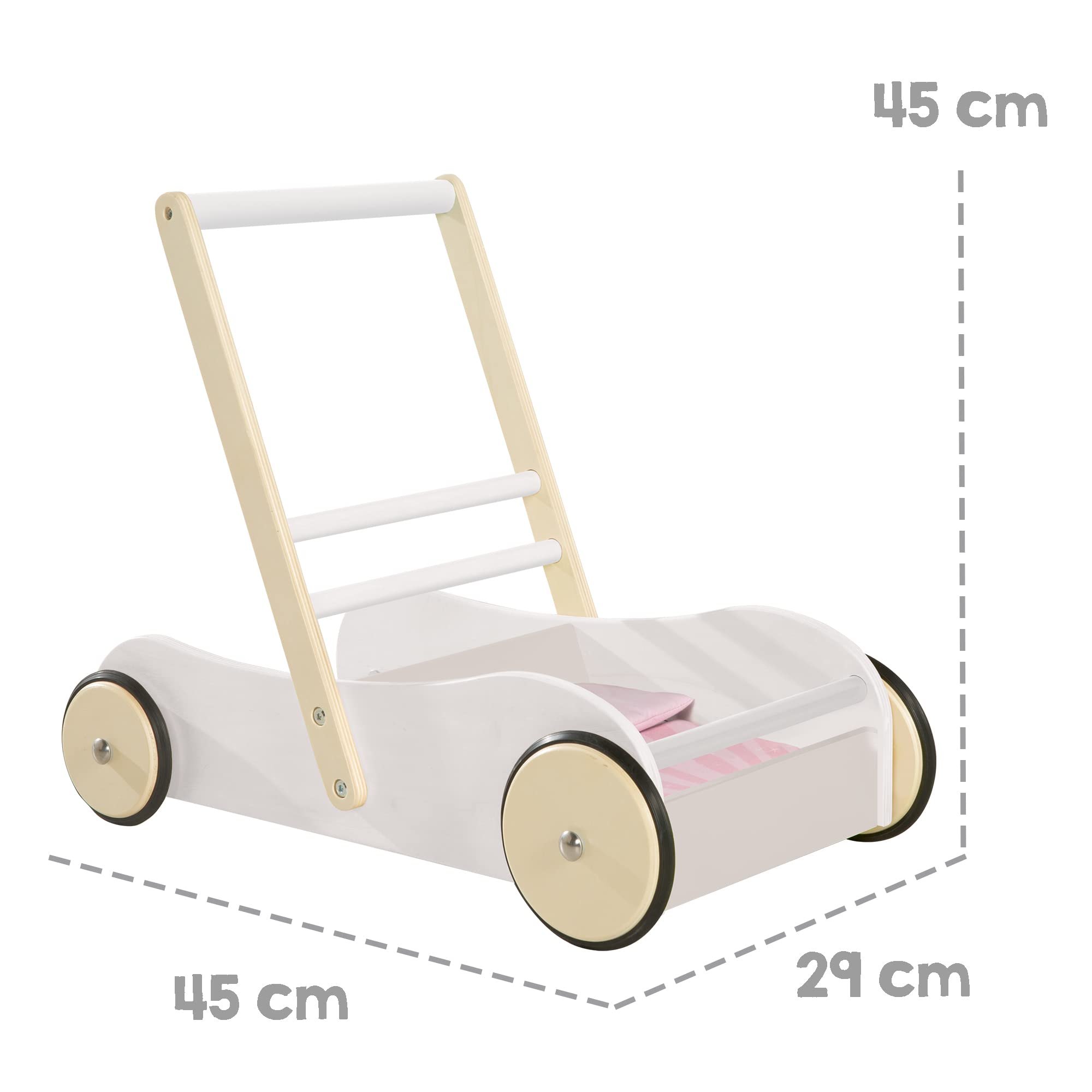 roba Carrello Giocattolo Scarlett - con Freno - per Bambole e Altri Giochi - Sistema Anti-Ribaltamento - Ottimale per i Primi Passi - Legno Laccato Rosa