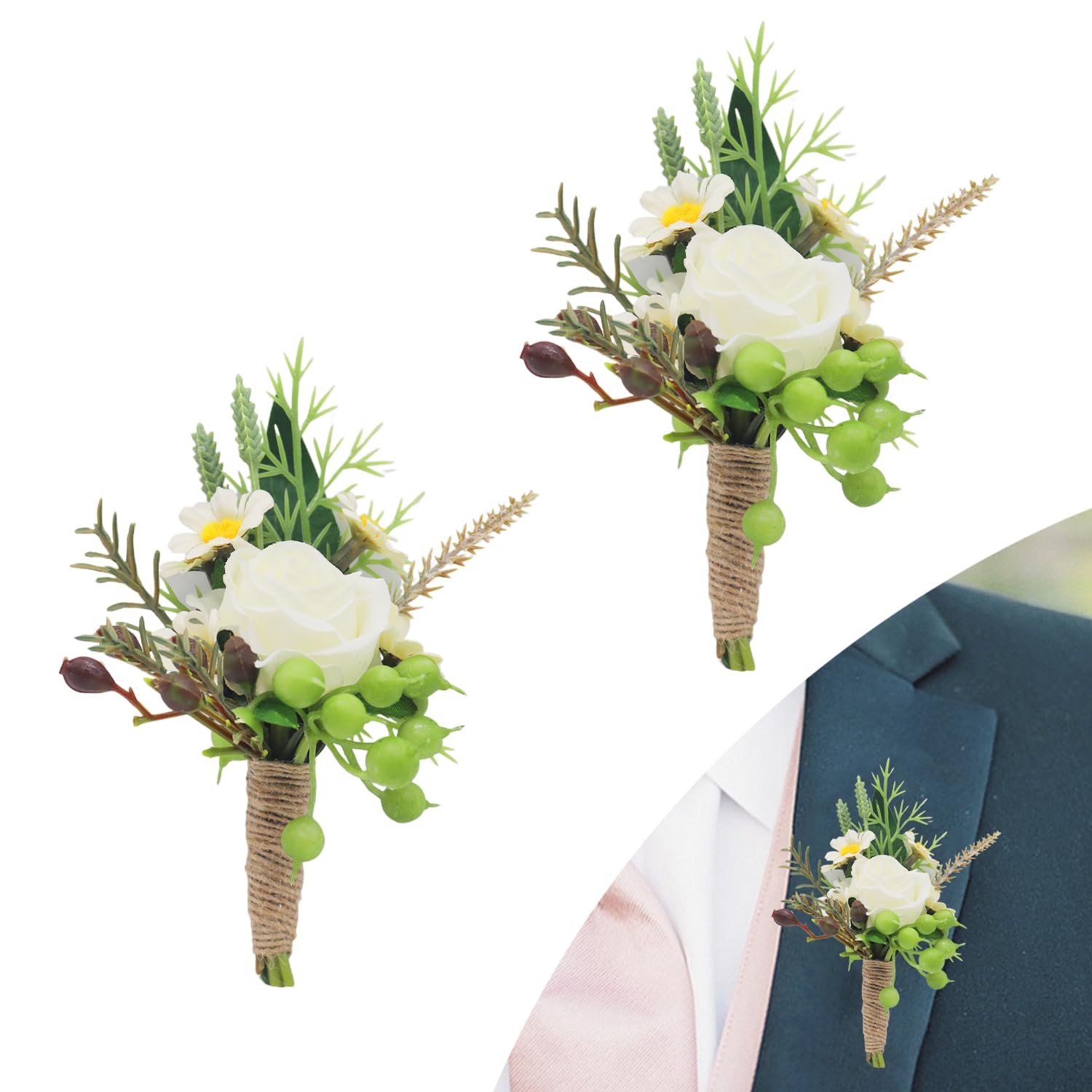 CCUCKY 2pcs Corsage para Hombres Flores de Boda, Corsages Artificiales para Proms, Ceremonia, Boutonnieres para Hombres y Groommen (Blanco-A)